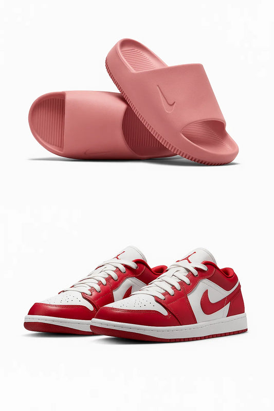 Jordan Men's 1 Low Red/White Sneaker X Nike Women's Calm Pink Slide Combo