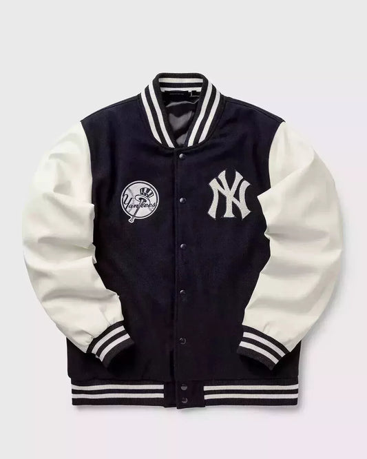 Men's NY Yankees Black Wool & Genuine Leather Sleeves Letterman Varsity Jacket brandsum_biker