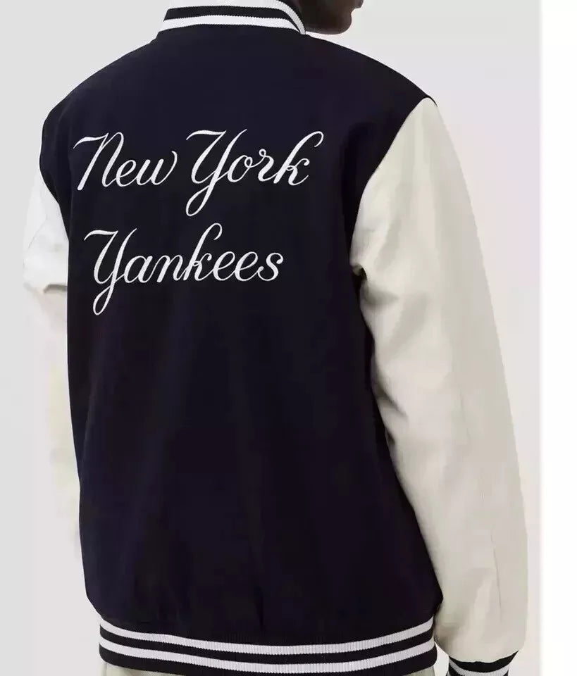 Men's NY Yankees Black Wool & Genuine Leather Sleeves Letterman Varsity Jacket brandsum_biker